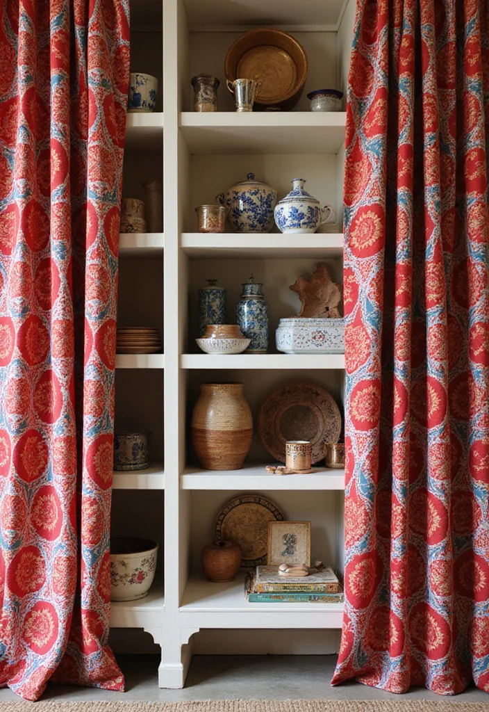 10 Shelf Curtain Ideas for Hidden Organized Storage - 3. Bold Patterns to Make a Statement