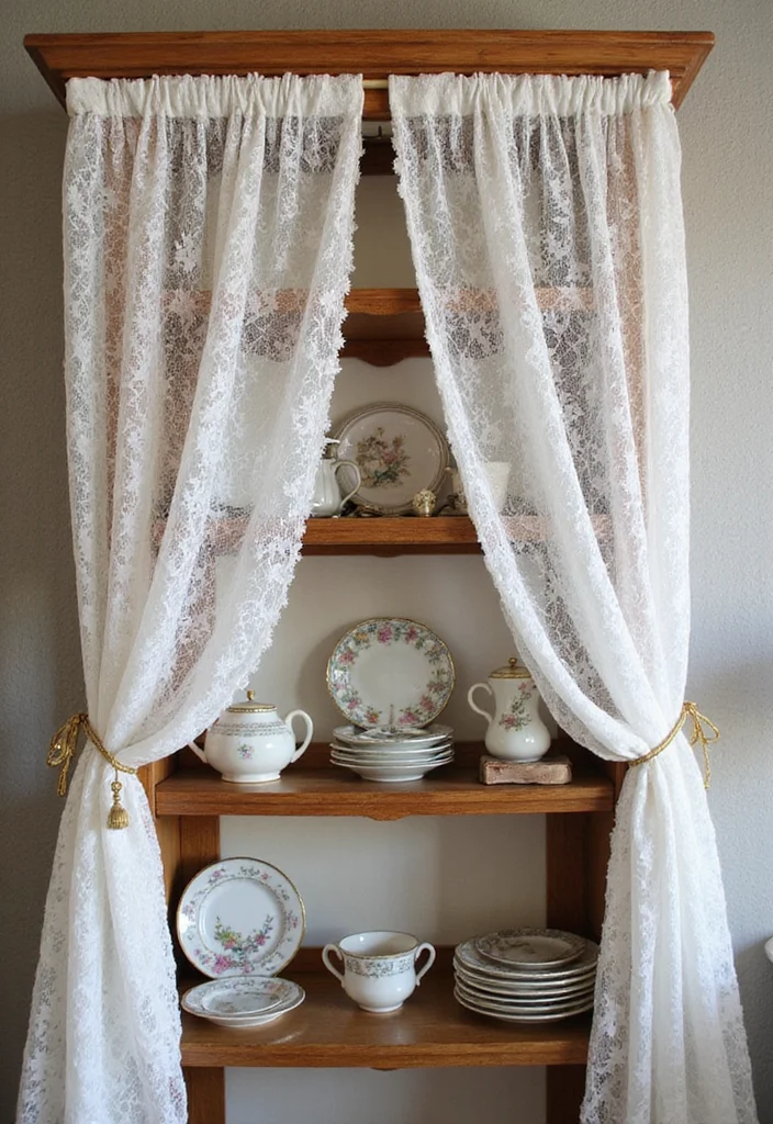 10 Shelf Curtain Ideas for Hidden Organized Storage - 5. Vintage Lace for a Touch of Charm