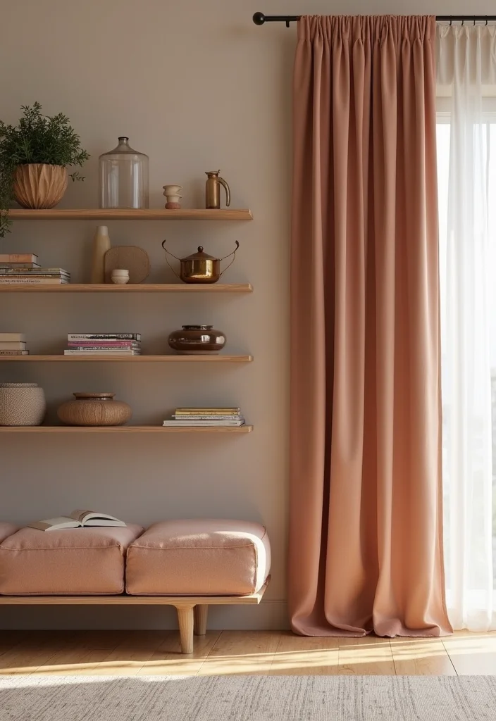 10 Shelf Curtain Ideas for Hidden Organized Storage - 6. Solid Color Curtains for a Modern Look