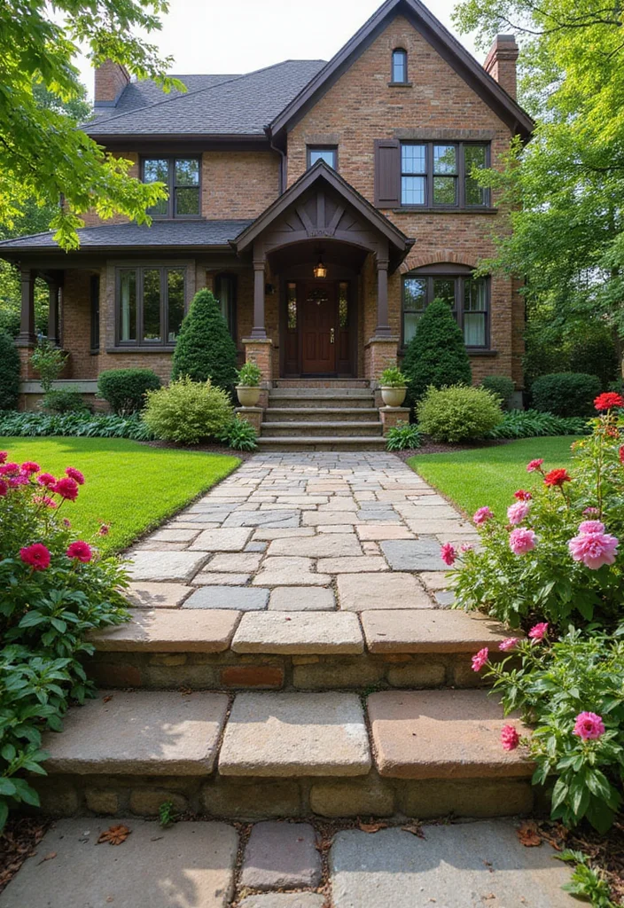10 Tudor Front Porch Ideas for Classic Storybook Charm - 3. Quaint Stone Pathways