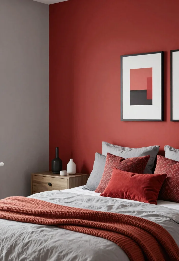 10 Two Color Bedroom Wall Paint Ideas That Add Visual Interest - 10. Warm Red and Soft Gray 1