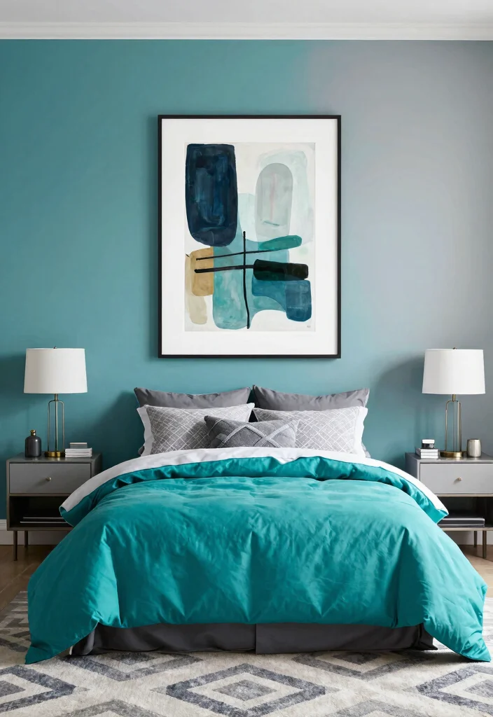 10 Two Color Bedroom Wall Paint Ideas That Add Visual Interest - 6. Trendy Teal and Gray 1