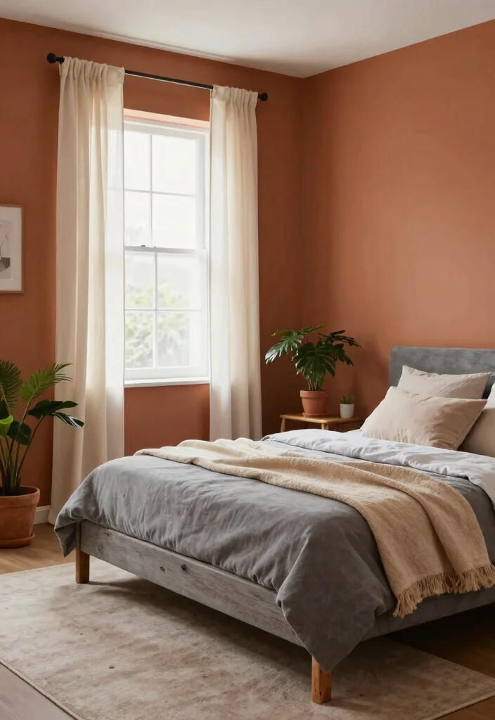 12 Bedroom Paint Colors That Work with Grey Furniture 5 12 Bedroom Paint Colors That Work with Grey Furniture - 5. Warm Terracotta 1