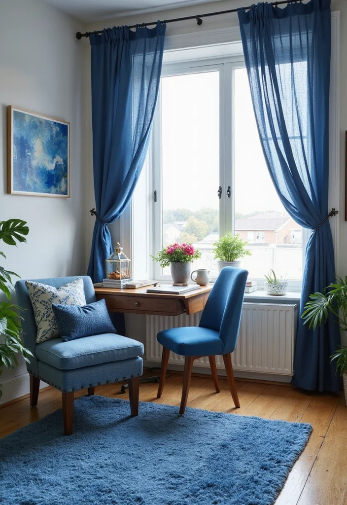 12 Blue Home Office Ideas for Calm Focused Energy - 4. Blue Textiles for Comfort