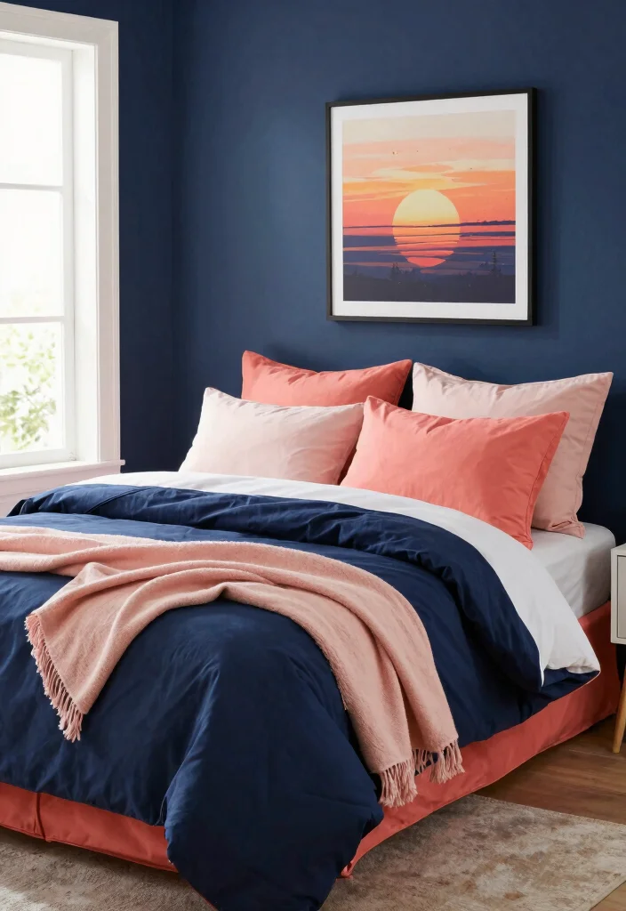 12 Dark Blue Bedroom Color Schemes for a Cozy Sophisticated Look - 10. Sunset Colors: Navy, Coral, and Blush 1