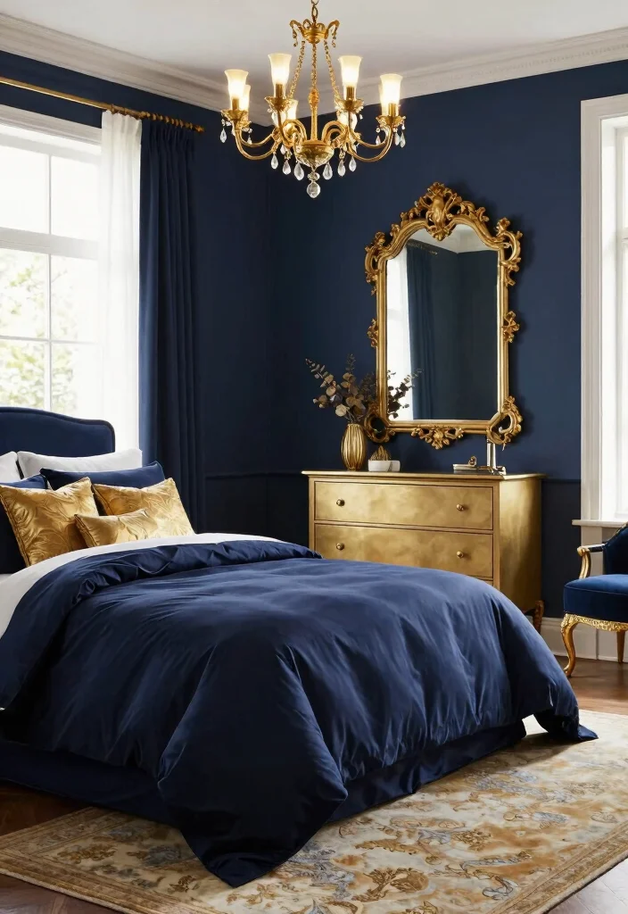 12 Dark Blue Bedroom Color Schemes for a Cozy Sophisticated Look - 2. Navy and Gold Elegance 1