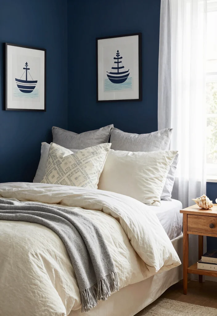 12 Dark Blue Bedroom Color Schemes for a Cozy Sophisticated Look - 3. Nautical Neutrals: Navy, Cream, and Light Gray 1