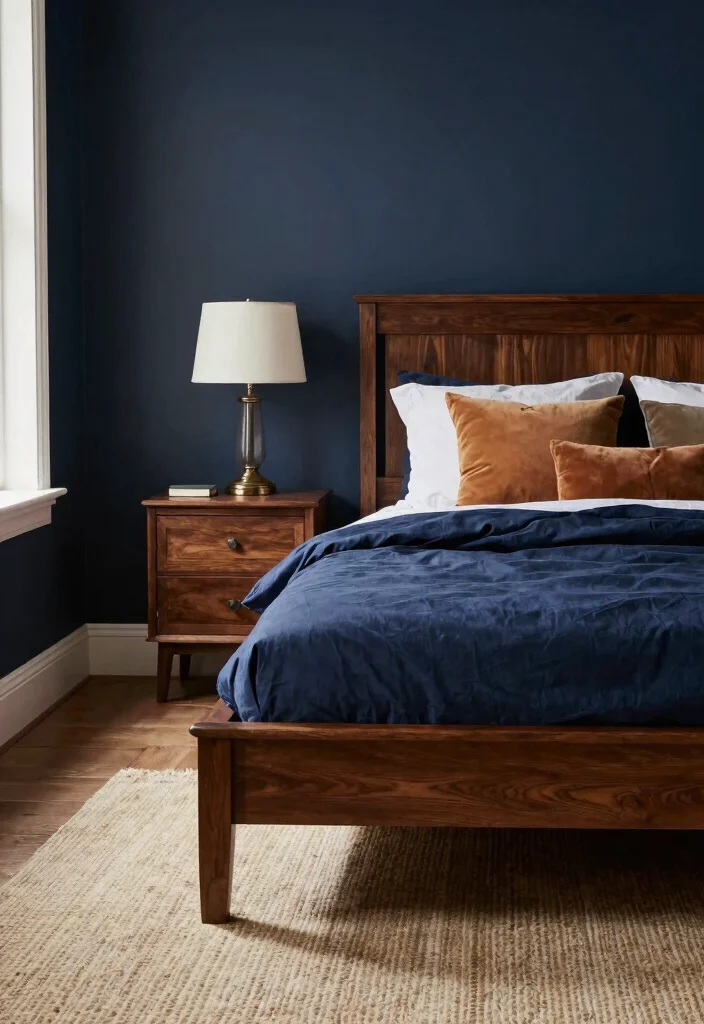 12 Dark Blue Bedroom Color Schemes for a Cozy Sophisticated Look - 4. Bold Navy with Rich Wood Tones 1