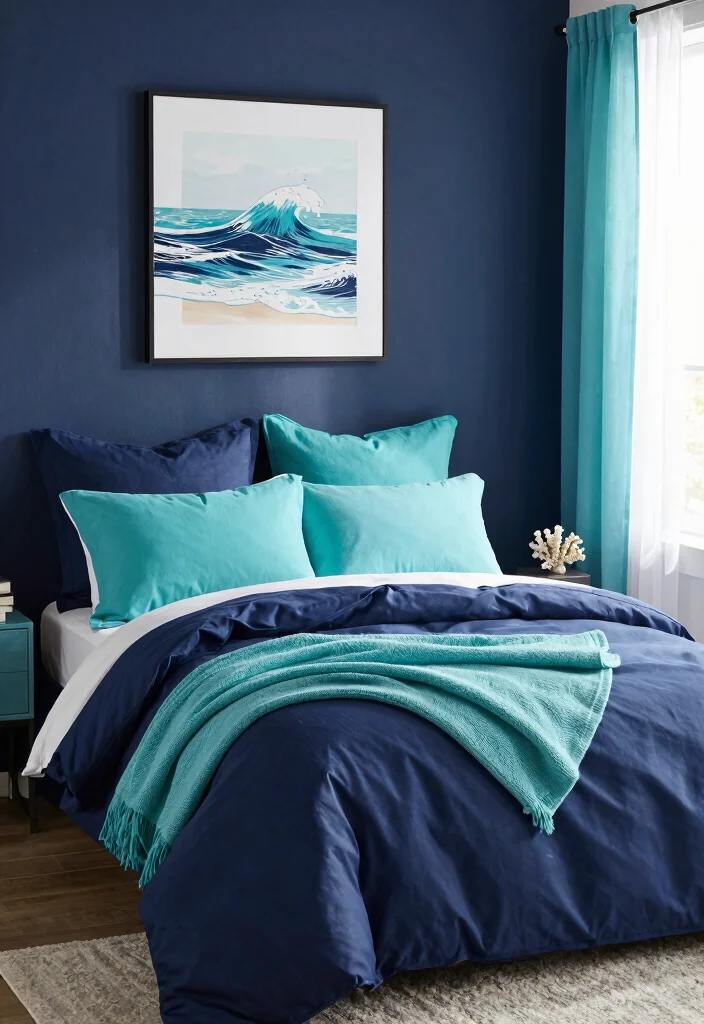12 Dark Blue Bedroom Color Schemes for a Cozy Sophisticated Look - 6. Ocean-Inspired: Navy with Aquatic Accents 1
