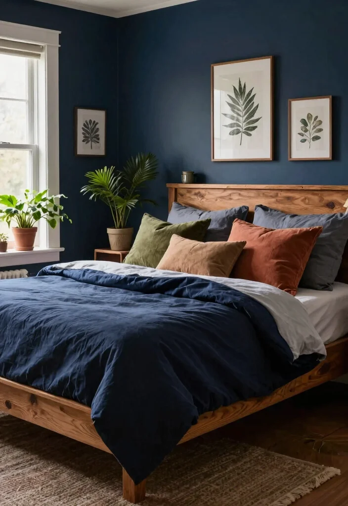 12 Dark Blue Bedroom Color Schemes for a Cozy Sophisticated Look - 7. Dark Blue and Earthy Tones 1