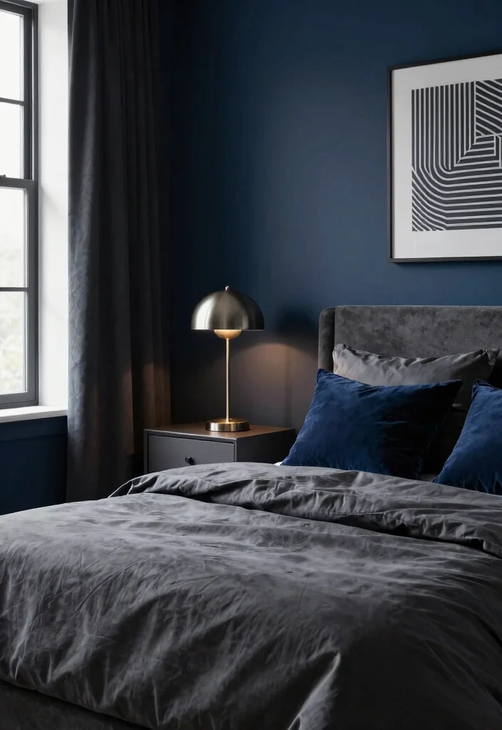 12 Dark Blue Bedroom Color Schemes for a Cozy Sophisticated Look - 8. Dramatic Dark Blue and Charcoal Gray 1