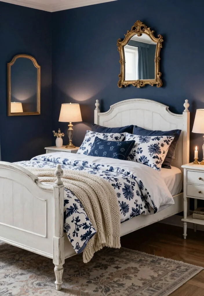 12 Dark Blue Bedroom Color Schemes for a Cozy Sophisticated Look - 9. Vintage Charm: Navy with Antique Whites 1