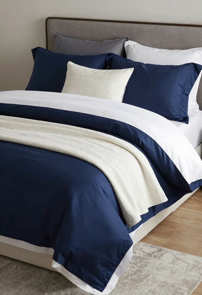 12 Dark Blue and White Bedroom Ideas for a Clean Balanced Style - 9. Layered Bedding 1