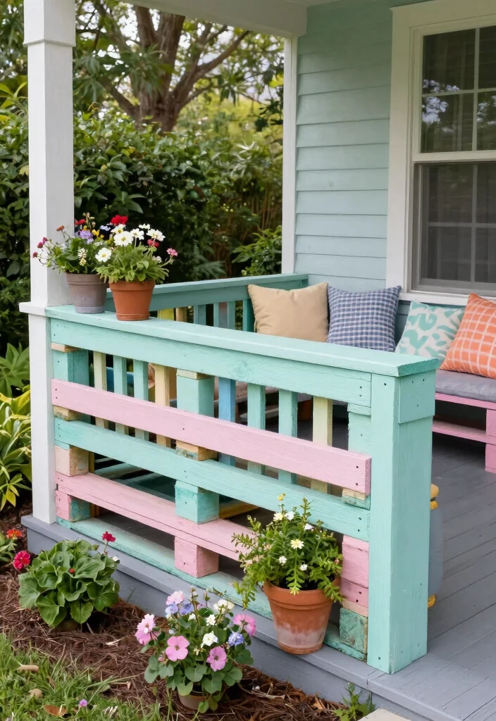 12 Farmhouse Front Porch Railing Ideas with Rustic Charm - 11. Repurposed Pallets 1