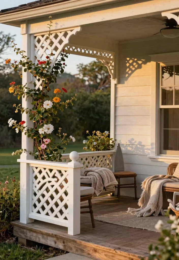 12 Farmhouse Front Porch Railing Ideas with Rustic Charm - 12. Lattice Work 1