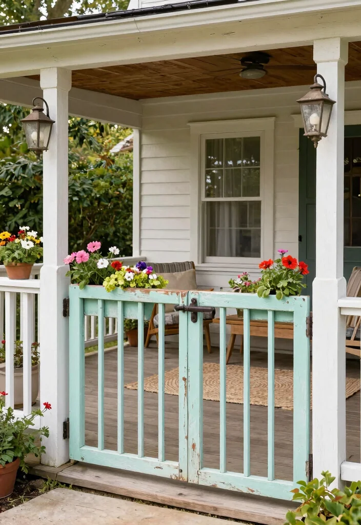 12 Farmhouse Front Porch Railing Ideas with Rustic Charm - 3. Vintage Farm Gates 1