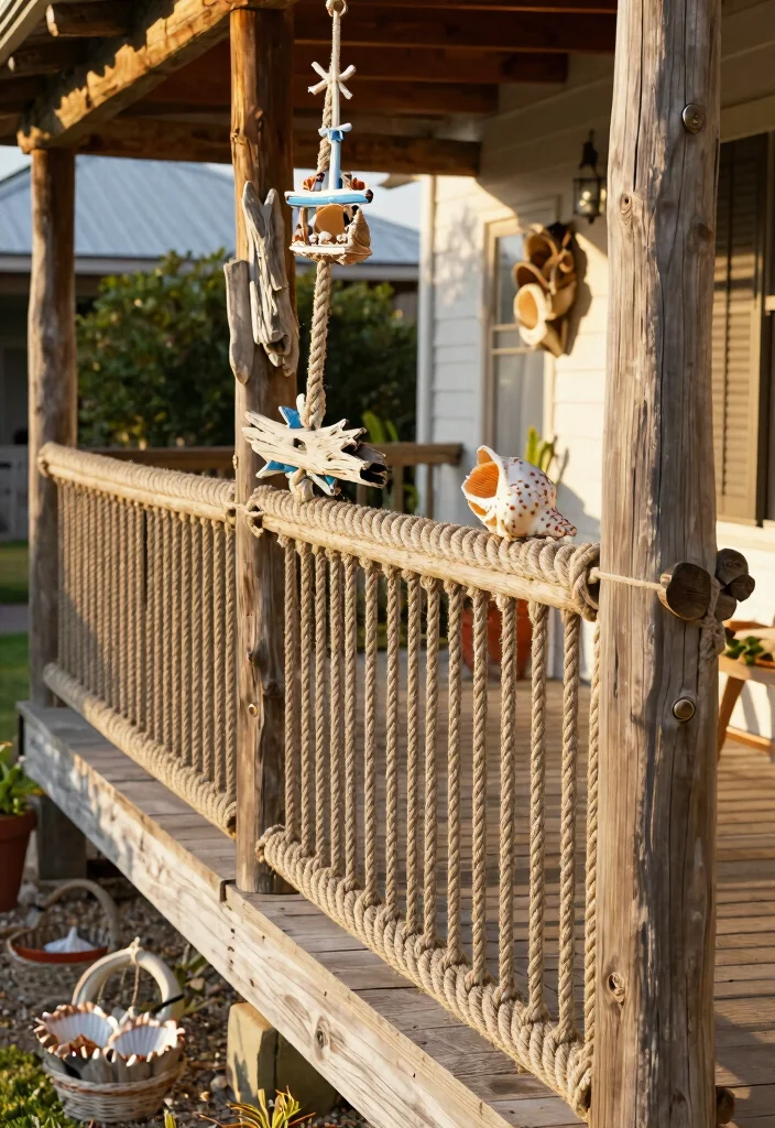 12 Farmhouse Front Porch Railing Ideas with Rustic Charm - 4. Rope and Timber 1