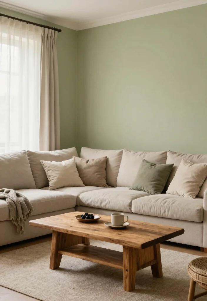 12 Farmhouse Living Room Paint Colors That Feel Warm and Inviting - 11. Light Olive Green 1