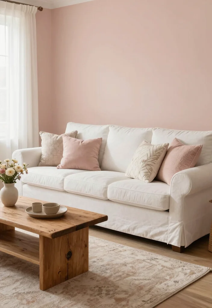 12 Farmhouse Living Room Paint Colors That Feel Warm and Inviting - 9. Soft Blush 1