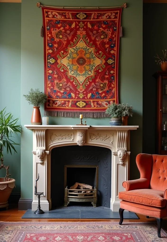 12 Fireplace Artwork Ideas for Strong Eye Level Style - 7. Colorful Tapestries