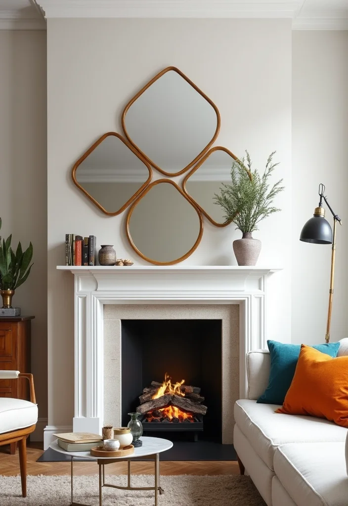 12 Fireplace Mirror Ideas for Light and Visual Height - 5. Geometric Mirrors