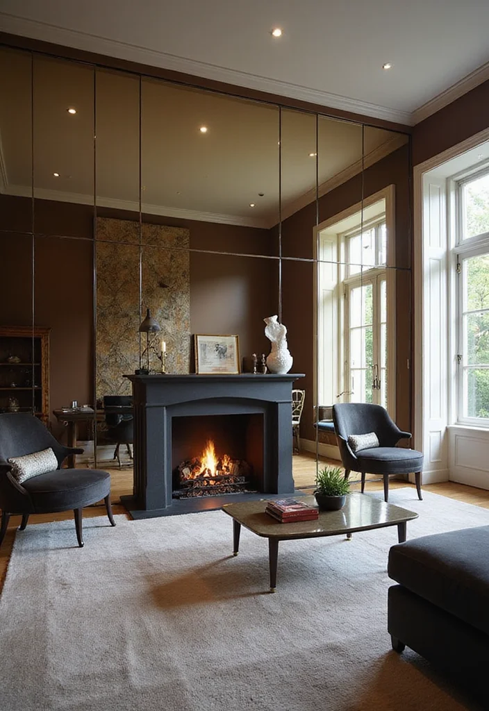 12 Fireplace Mirror Ideas for Light and Visual Height - 9. Mirrored Wall Panels