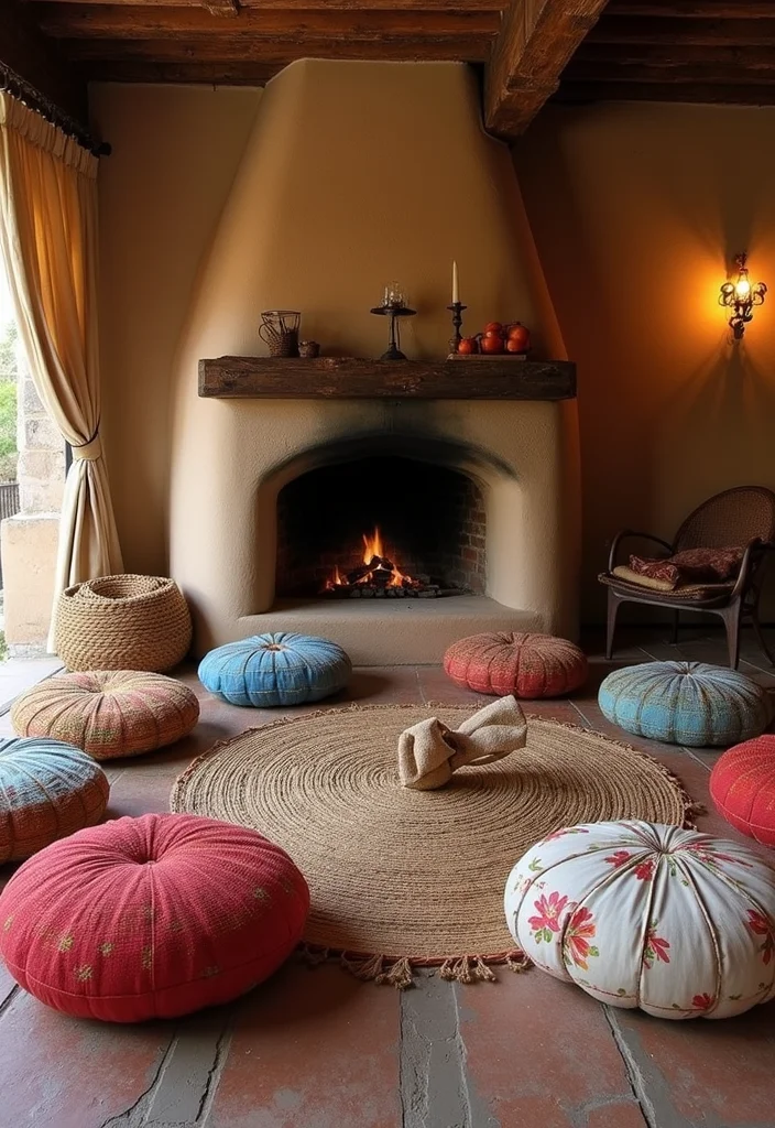 12 Fireplace Seating Ideas for Cozy Warm Gatherings - 4. Floor Cushions and Poufs