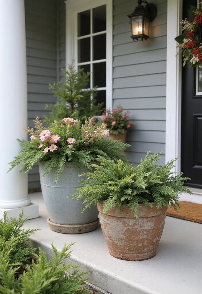12 Front Porch Christmas Decor Ideas Rustic for Cozy Festive Charm - 9. Rustic Planters with Holiday Greens