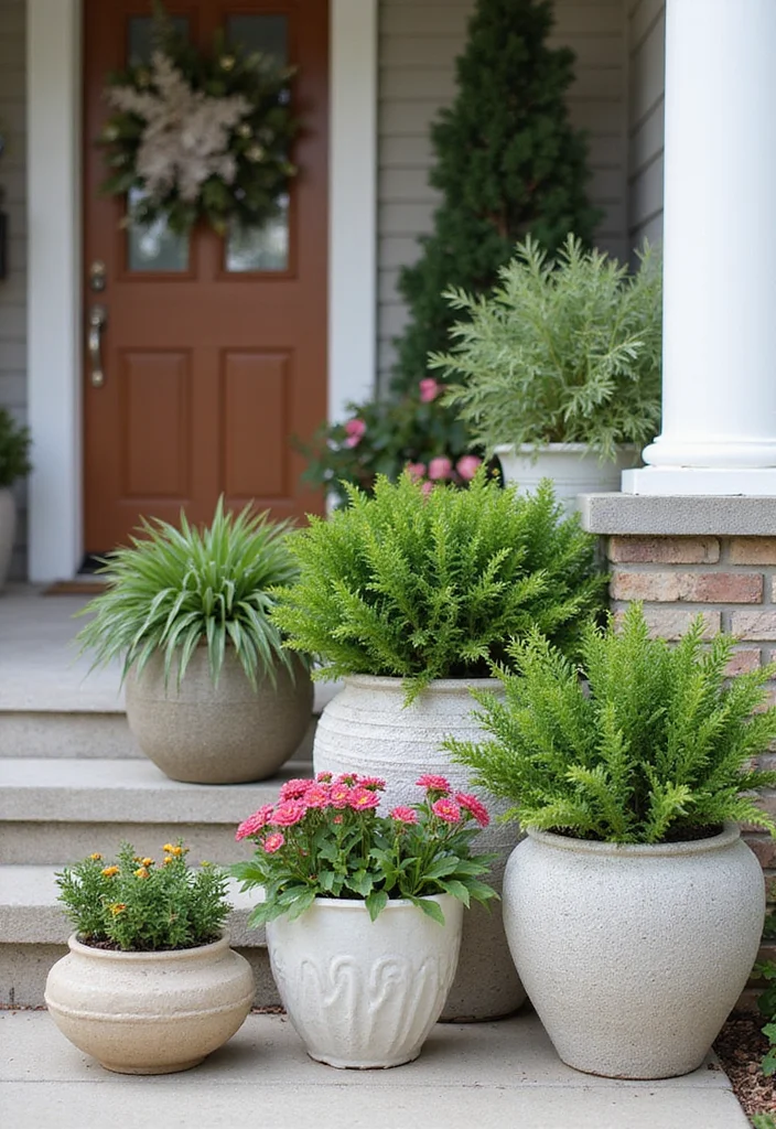 12 Front Porch Planter Ideas for Strong Curb Appeal - 12. Mixed Material Planters