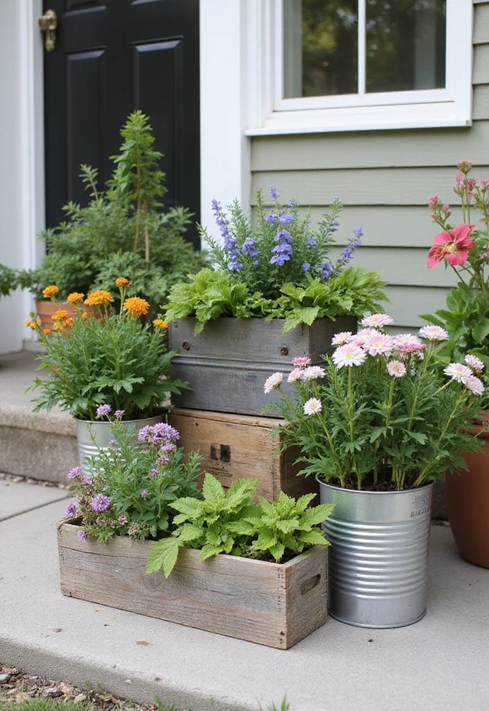 12 Front Porch Planter Ideas for Strong Curb Appeal - 5. Recycled Container Gardens