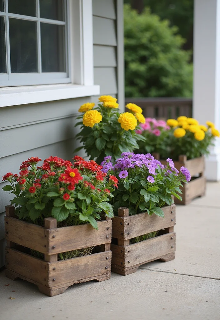 12 Front Porch Planter Ideas for Strong Curb Appeal - 7. Rustic Wooden Crates