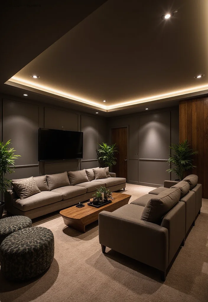12 Modern Finished Basement Ideas for Clean Updated Living - 1. Cozy Home Theater with Greenery