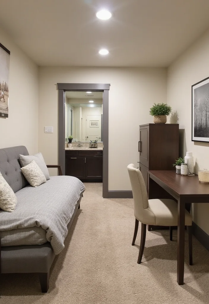 12 Modern Finished Basement Ideas for Clean Updated Living - 2. Stylish Guest Suite with Multi-Functionality