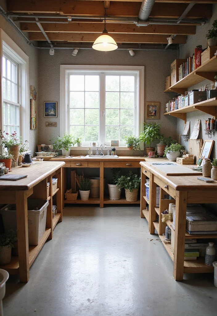 12 Modern Finished Basement Ideas for Clean Updated Living - 8. Arts and Crafts Studio with Natural Light