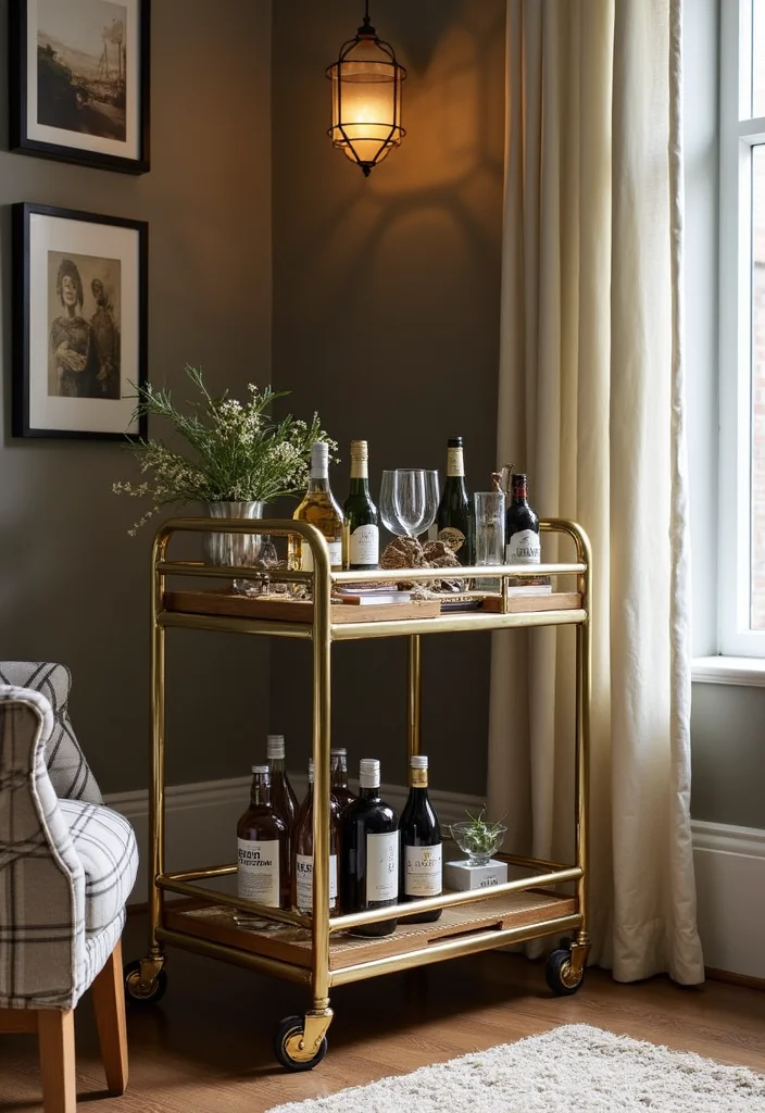 12 Moody Basement Ideas for Dark Cozy Atmosphere - 9. Incorporate a Small Bar Cart