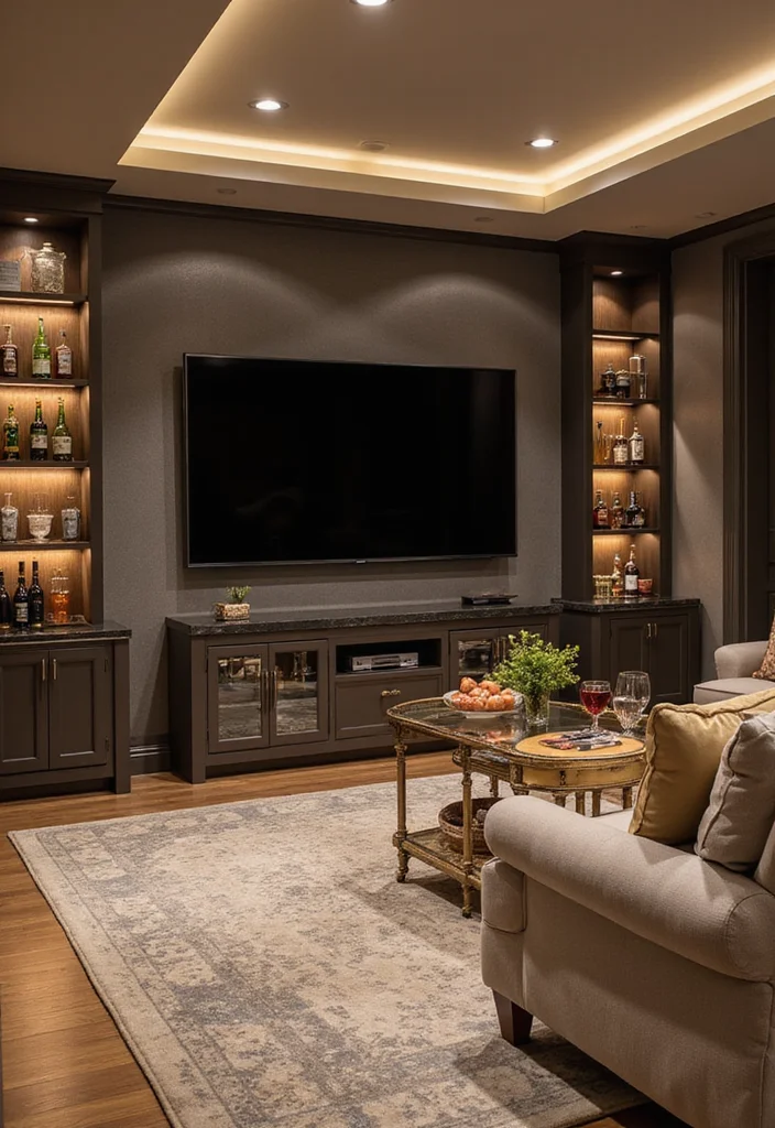 12 Rectangular Basement Layout Ideas for Functional Flow - 4. Stylish Entertainment Zone