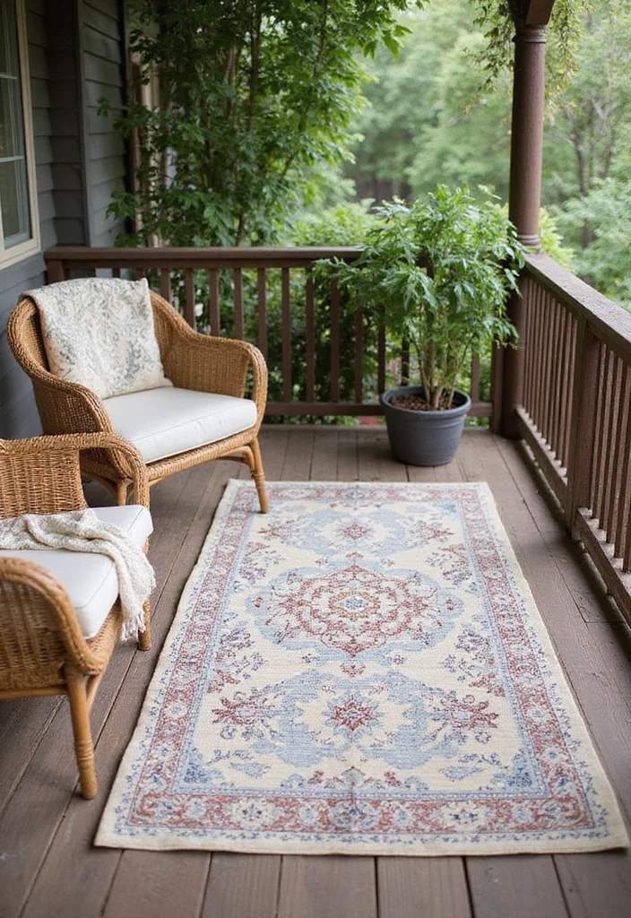 12 Tuscan Front Porch Ideas for Warm Mediterranean Style - 11. Beautiful Outdoor Rugs