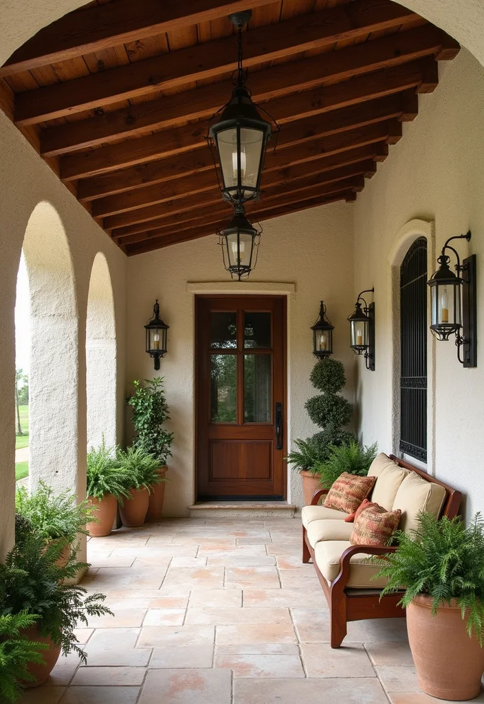 12 Tuscan Front Porch Ideas for Warm Mediterranean Style - 8. Rustic Wooden Beams