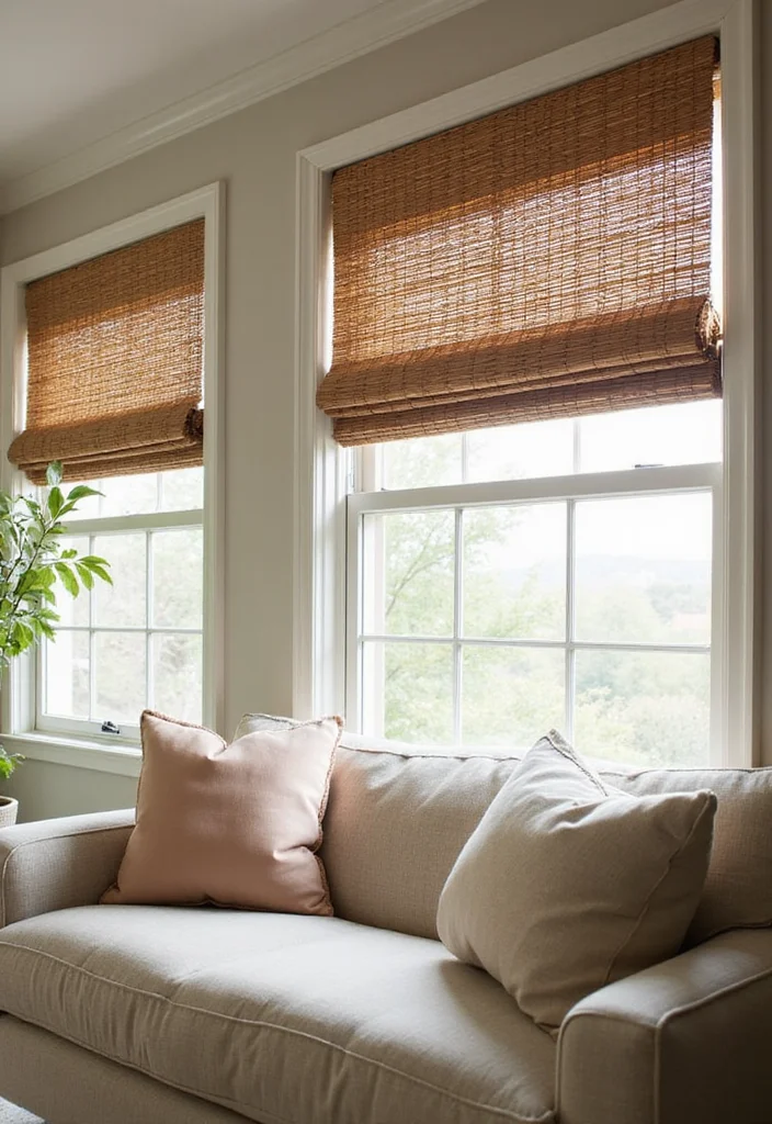 12 Two Window Curtain Ideas for Balanced Natural Light - 2. Bamboo Shades