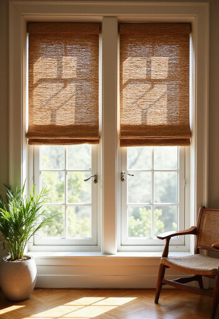 12 Two Window Curtain Ideas for Balanced Natural Light - 7. Natural Fiber Blinds