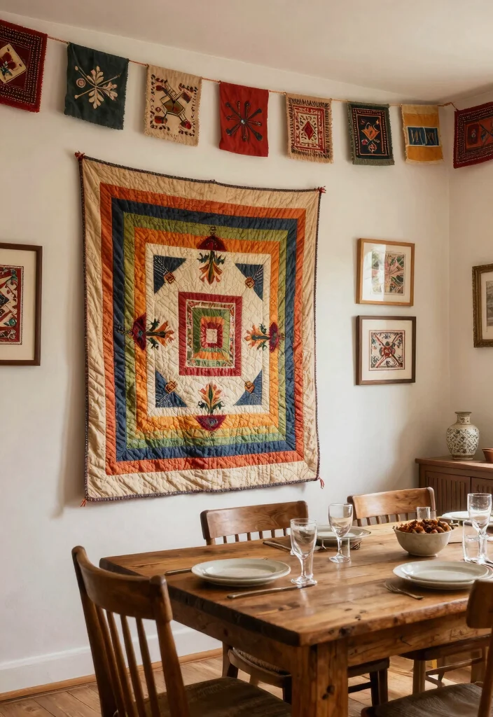 12 Vintage Dining Room Wall Decor Ideas That Add Instant Character - 9. Vintage Textile Art 1