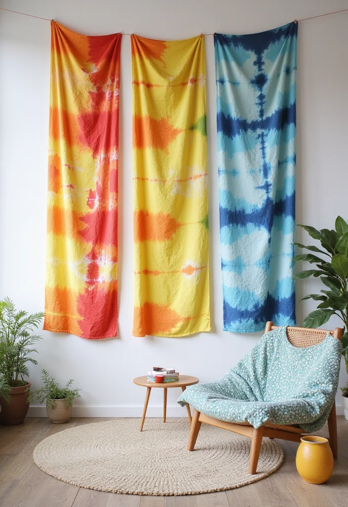 14 Bohemian Curtain Ideas for Artistic Relaxed Texture - 4. Tie-Dye Fabric Panels