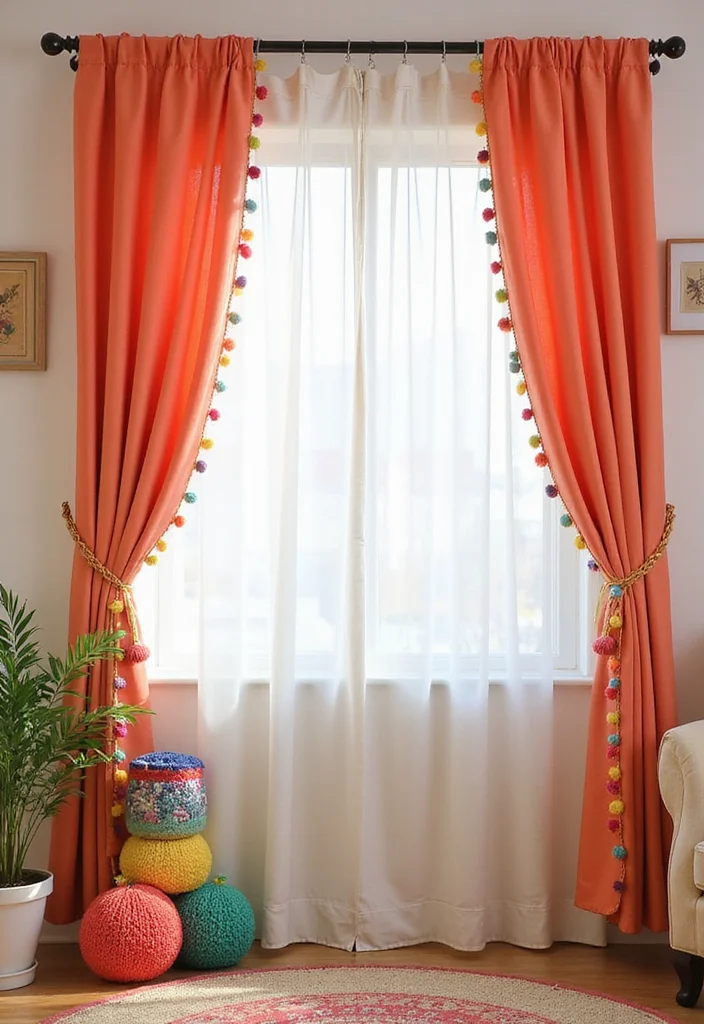 14 Bohemian Curtain Ideas for Artistic Relaxed Texture - 9. Colorful Pom-Pom Trim
