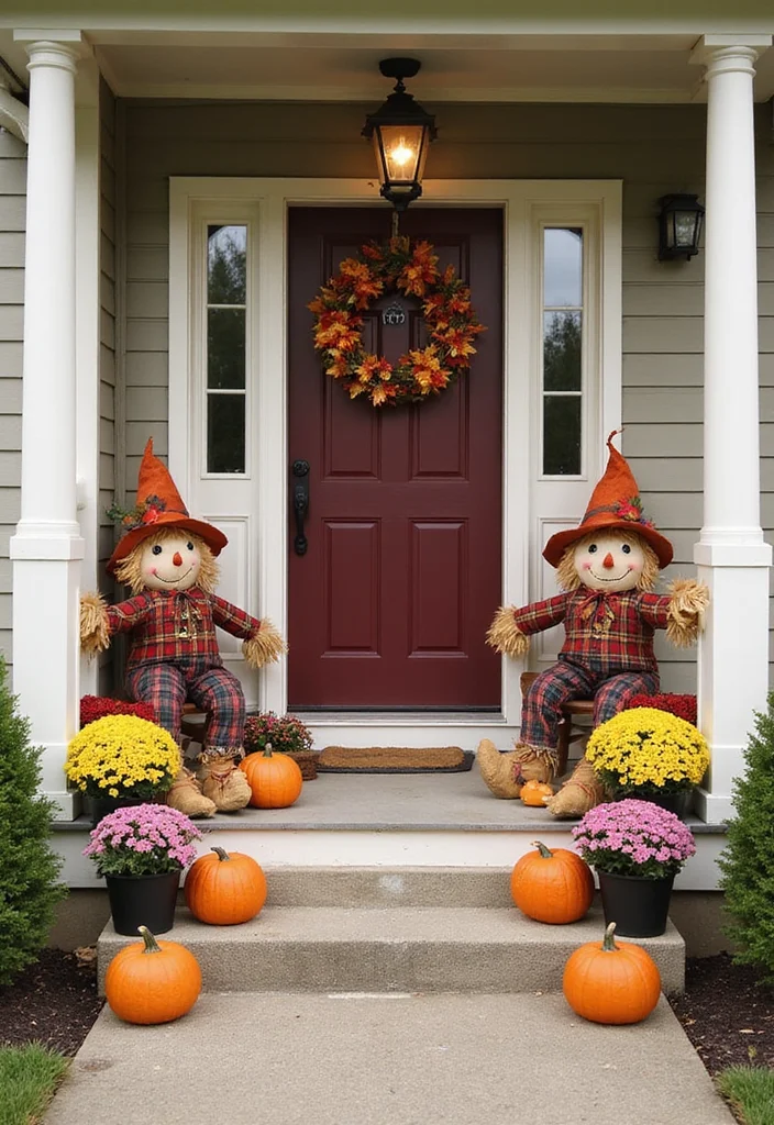 14 Fall Porch Decorating Ideas for Front Doors that Embrace Seasonal Warmth - 12. Whimsical Scarecrows