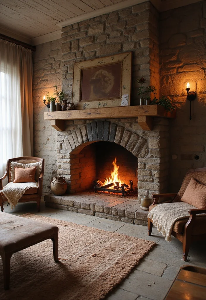 14 French Country Fireplace Ideas for Rustic Elegant Charm 12. Layered Textiles for Warmth