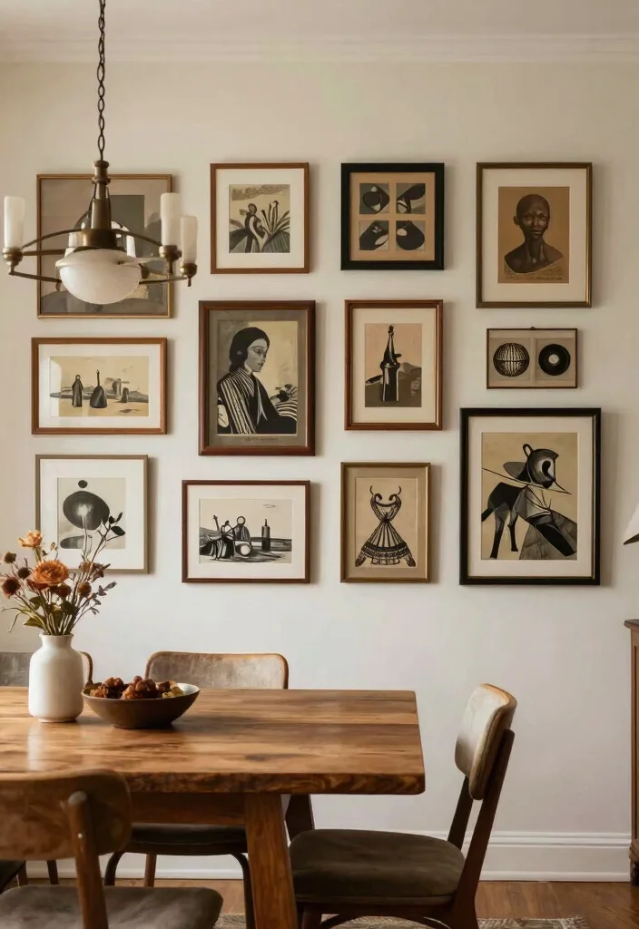 14 Vintage Modern Dining Room Ideas That Feel Warm and Timeless - 5. Curated Wall Art 1