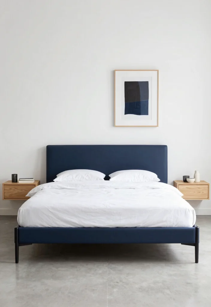 9 Dark Blue Bed Frame Bedroom Ideas for a Bold Elegant Look - 3. Modern Minimalism with a Dark Blue Twist 1