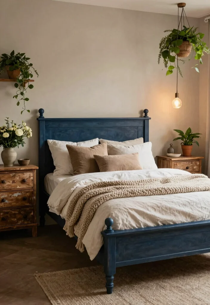 9 Dark Blue Bed Frame Bedroom Ideas for a Bold Elegant Look - 4. Rustic Charm with Textured Accents 1
