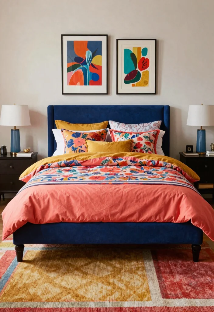 9 Dark Blue Bed Frame Bedroom Ideas for a Bold Elegant Look - 5. Vibrant Layering for Bold Statements 1