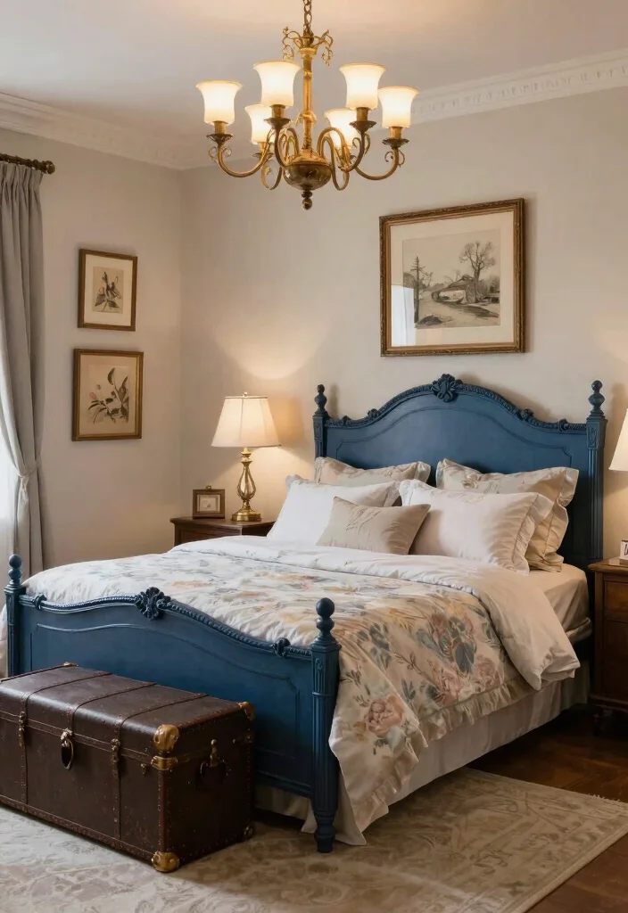 9 Dark Blue Bed Frame Bedroom Ideas for a Bold Elegant Look - 6. Elegant Vintage Vibes 1